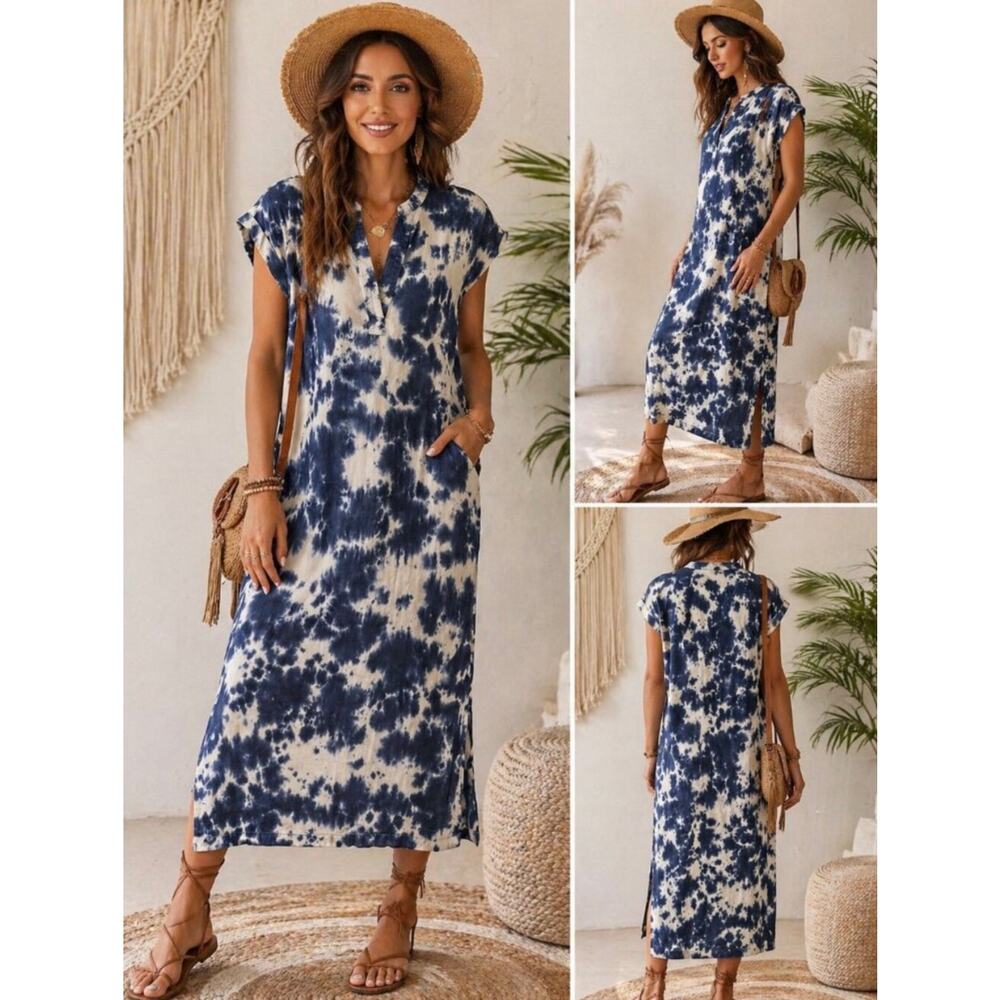 Kate Landry Blue White Tie Dye Caftan Coverup Dress Womens Swim XL